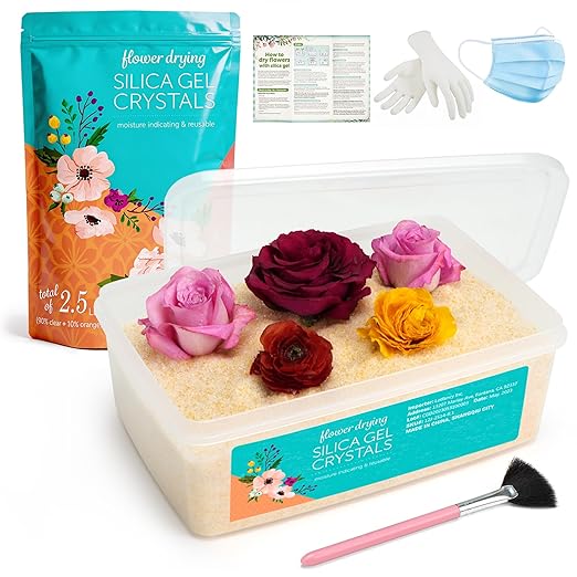 LotFancy 2.5 LBS Silica Gel Flower Drying, Rusable Color Indicating Silica Crystals with Airtight Container and Brush, DIY Wedding Bouquet Preservation Craft Kit