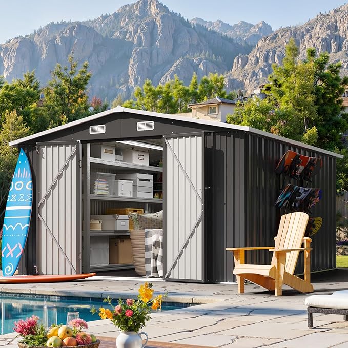 10x12FT Outdoor Storage Shed, Metal Garden Tool Shed with Sloping Roof & Lockable Door for Patio Lawn Backyard (Black, 10x12FT)