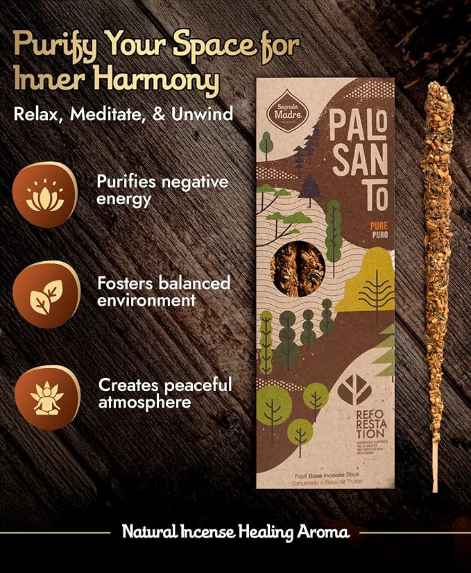 Sagrada Madre 4pcs Wildly Harvested Palo Santo Incense Sticks, 6.7” Long - Pure, Non-Toxic, Aromatic Incense Sticks (50 min Approx. Burning Time) to Heal & Calm Your Body and Environment