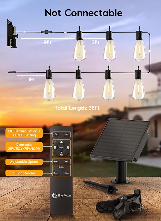 Brightown 38FT Solar String Lights Outdoor Waterproof with Remote, 16+1 LED Shatterproof Bulbs, Dimmable & Timable, 3 Light Modes - Commercial Grade Patio Lights for Garden Backyard Party Decor