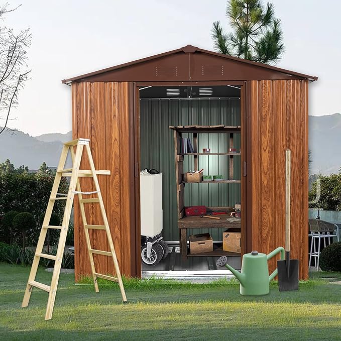 YOPTO 6×6 FT Outdoor Metal Storage Shed with Floor Base and Window,Heavy Duty Storage House Shed W/Integrated Punched Vents,Sliding Doors&Padlock,Rust Waterproof Tool Sheds for Garden,Backyard,Coffee