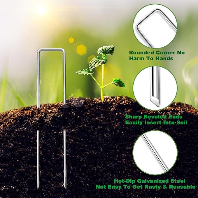 6 Inch Landscape Staples Set, 11 Gauge Galvanized U-Shaped Garden Stakes (50 Pack) with 50 Gaskets, Hook Tool & Rubber Mallet for Weed Fabric & Landscaping