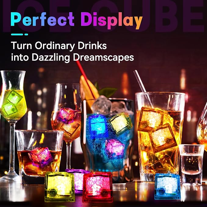 Light Up Ice Cubes for Drinks 48 Pack 7-Color Light Up Ice Cube IP67 Waterproof Led Ice Cube Reusable Ice Cubes for Cocktails Bar Nightclub Party Wedding Swimming Pool Bath Garden Decor
