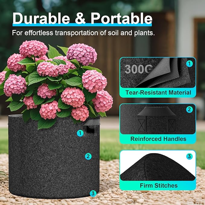 Land Guard 10-Pack Fabric Grow Bags 5 Gallon, Thickened Nonwoven Garden Pots, Growing Bags with Handles, Black