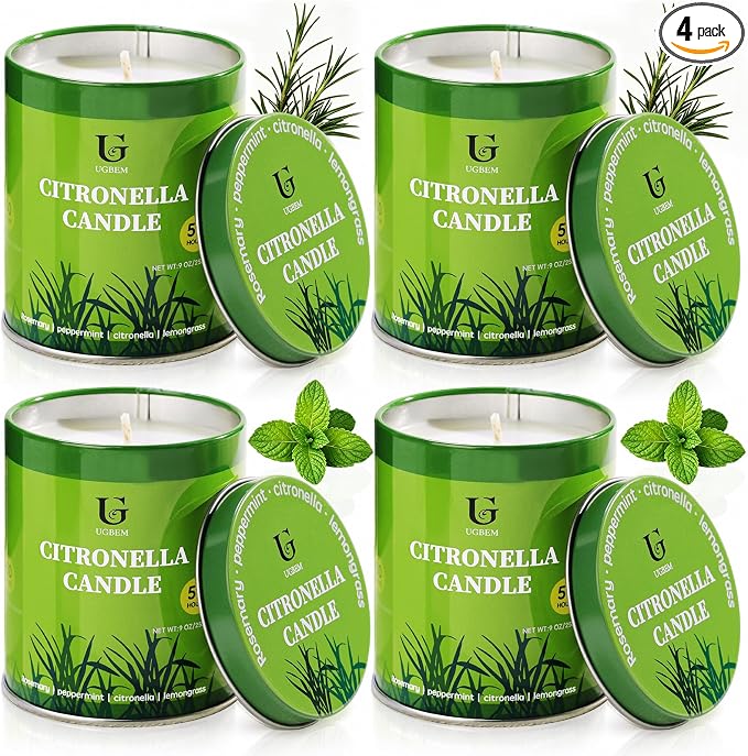 Citronella Candles Outdoor (9oz, 4 Packs) Natural Soy Wax Camping Candles, 50 Hours Long Burn Time, Plant-Based Essential Oil Large Lemongrass Candle for Patio, Deck, Garden, Backyard, Home Indoor
