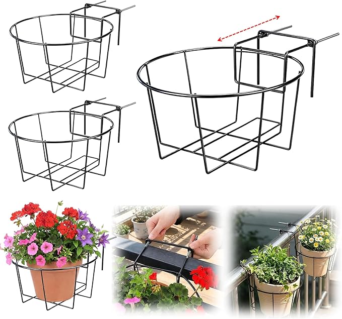 Novabright 3 Pcs Adjustable Hanging Railing Planter Fit for 1.5 to 5 Inches Railing Metal Hanging Plant Baskets Fence Plant Holder for Outdoor Garden Fence Balcony Deck Porch, 10 Inch, Black