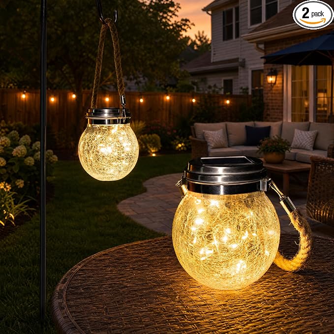 ROSHWEY Solar Lantern, 2 Pack Outdoor Lanterns with 30 LED Waterproof Garden Decor Patio Solar Lights Outdoor Decorative Backyard Outdoor Hanging, Warm Light