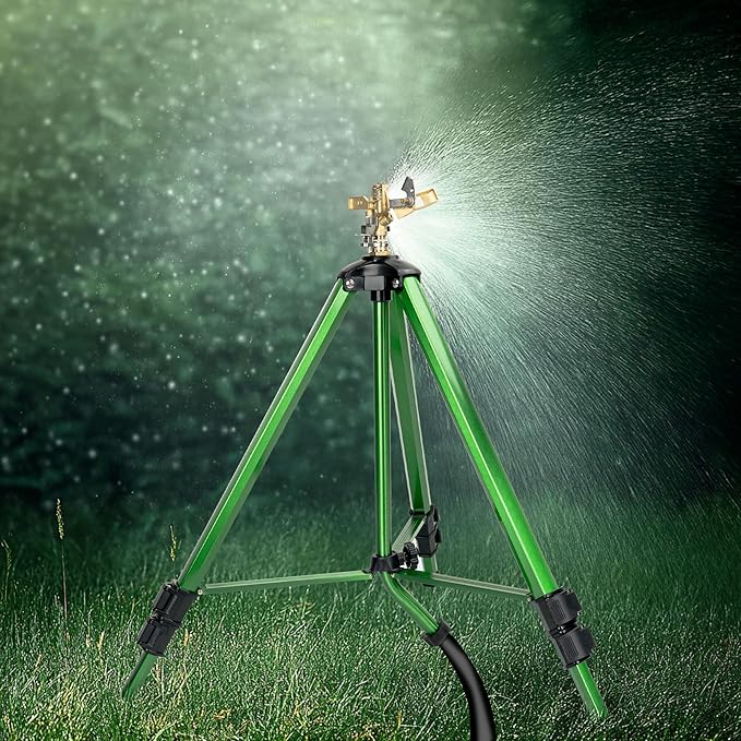 Impact Sprinkler on Tripod Base, Heavy Duty Adjustable Zinc Sprinkler Head for Lawn Yard Garden, 360 Degree Large Area Irrigation, 3/4" Connector Extension Legs Flip Locks, 2 Pack