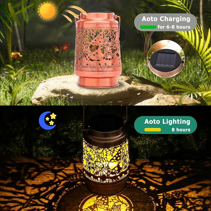 Gnomes Birthday Gifts for Women Mom Grandma, Solar Lanterns Outdoor Waterproof Garden Decor Hanging Lantern Lights, Metal LED Decorative Gardening Light for Patio Yard Lawn Porch