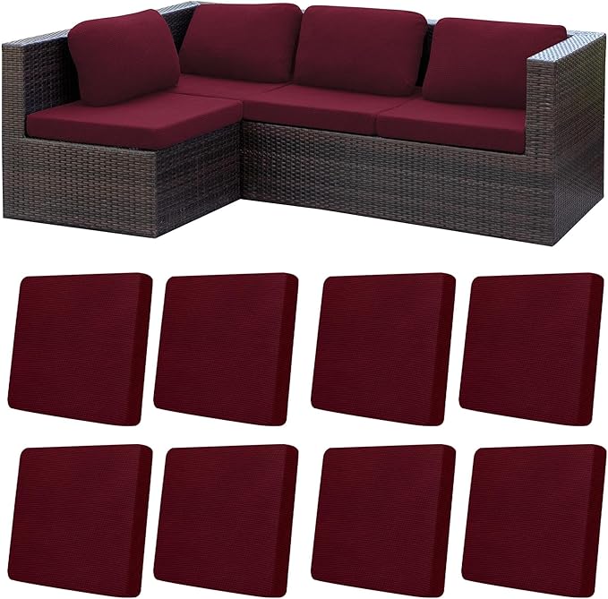 8Pcs Patio Cushion Covers,Outdoor Cushions Covers,Stretch Cushion Covers Replacement, Washable and Reusable Furniture Protectors(Wine Red)