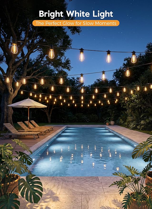 Minetom 58FT Solar String Lights Outdoor Waterproof, 17 LED S14 Shatterproof Bulb, Patio Lights with Remote Type-C Port Timable, 3 Light Modes Dimmable Solar String Lights for Outside, Yard, Camping