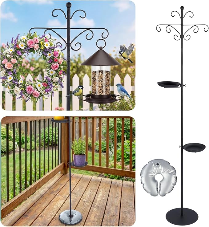 1 Set Upgraded 75.9" Shepherds Hook for Bird Feeder, Hanging Plant Wind Chime Stand, Metal Adjustable Standing Pole Holder for Indoor Outdoor, with 2 Rack & Weight Bag (Vintage 2 Hooks)