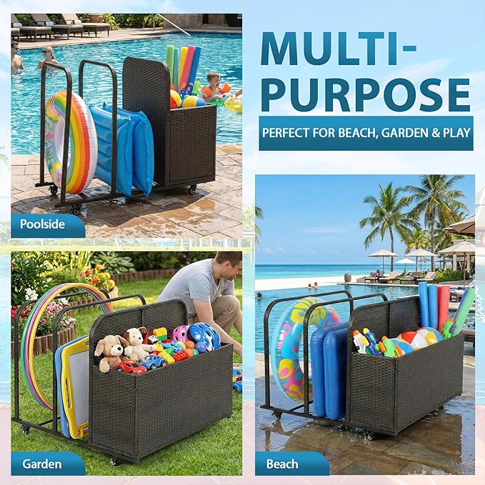 FDW Pool Float Storage Poolside Storage Bin Holder Storage Rack with Wheels PE Rattan Basket Open Compartments for Floaties Noodles Life Vests Beach Balls Equipment Cushions Patio furniture