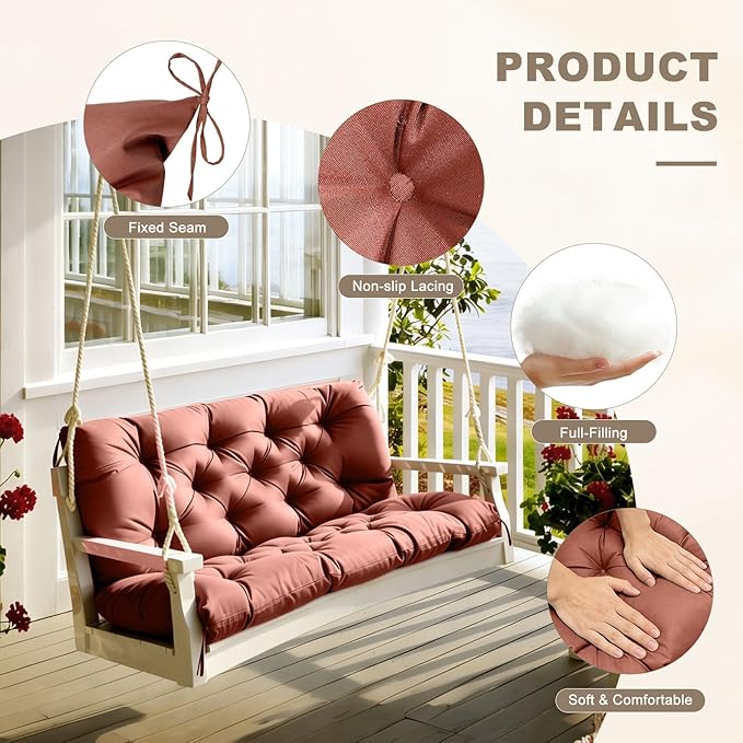 Porch Swing Cushion with Backrest,Waterproof Bench Cushion for Outdoor Furniture,2-3 Seater Replacement Thickened Swing Cushion with Ties,Patio,Outdoor,Backyard and Garden (Coffee,40x40)