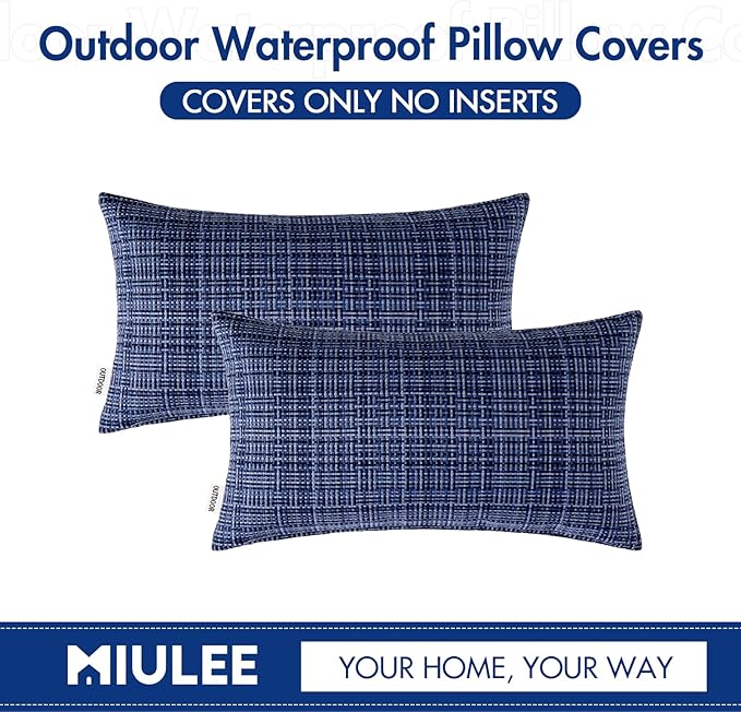 MIULEE Outdoor Waterproof Throw Pillow Covers Decorative Farmhouse Water Resistant Cushion Covers for Tent Patio Garden Couch Sofa Pack of 2, 12x20 Inch Navy Blue