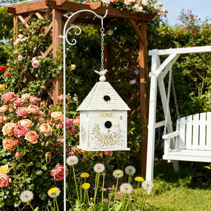 Vintage Metal Hanging Birdhouse, Home Decorative Bird House with Floral & Bird Accents, Weathered White Bird Home, Ideal for Outdoor Garden Decor