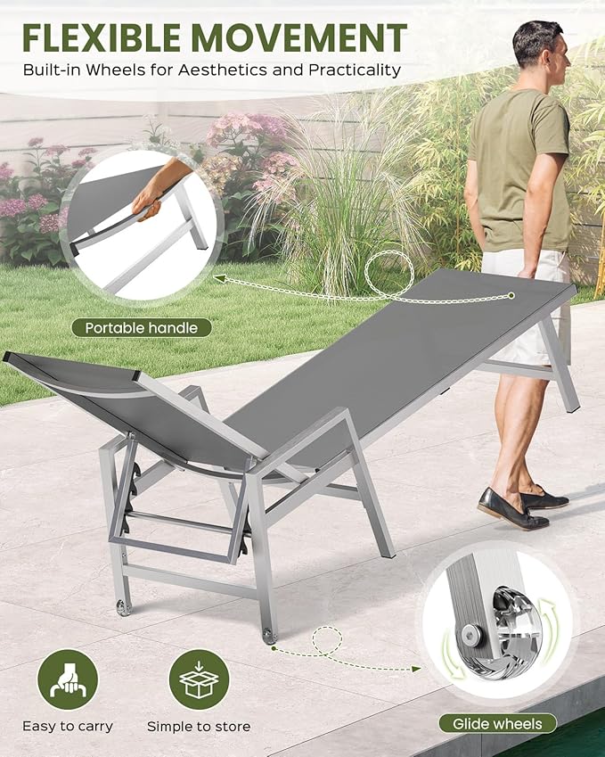 Vexwalx Patio Chaise Lounge Chair Outdoor with Wheels&Armrests, Aluminum Pool Lounge Chairs 5-Position Adjustable Recliner, Outdoor Beach Lounge Chairs for Poolside, Patio, Deck, Yard, Dark Gray