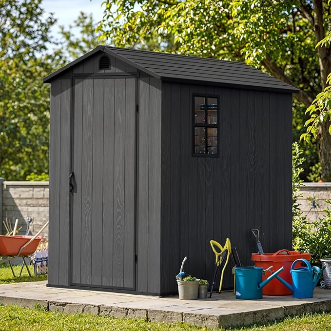 Greesum 4x6FT Plastic Storage Shed with Floor, Resin Outdoor Storaged Sheds with Lockable Door, All Weather Tool Shed with Window and Vent, Easy Assembly for Garden, Backyard, Patio, Dark Gray