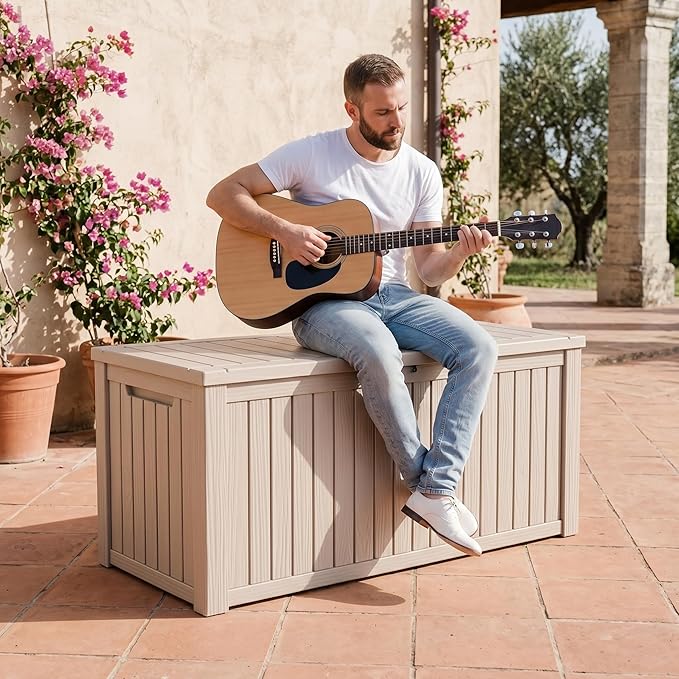 180 Gallon Outdoor Storage Box, Waterproof Resin Deck Box for Patio Cushions & Gardening Tools, Lockable & Durable Outdoor Storage Bin, Stylish Grey Design