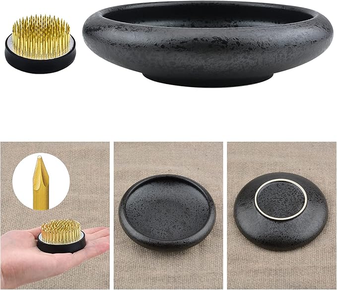 Flower Arrangement Supplies, Deep Round Ceramic Ikebana Flower Vase with 5cm Kenzan Flower Frog for Floral Arrangement Home Decoration, Black Spotted