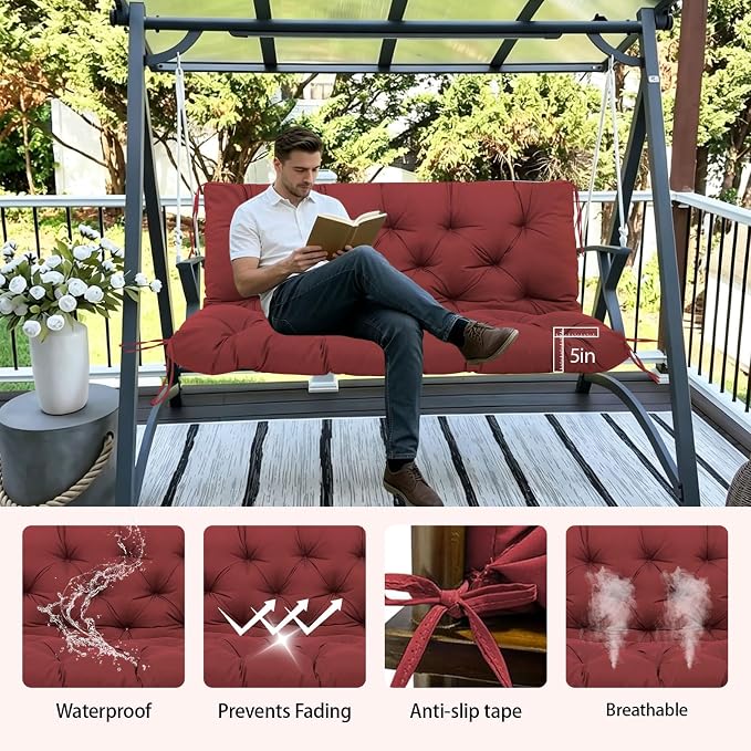 5" Thick Waterproof Porch Swing Cushion 40 x 40 in 3 Seater Replacement Outdoor Swing Cushions with Back Support Patio Swing Cushion for Outdoor Bench Furniture