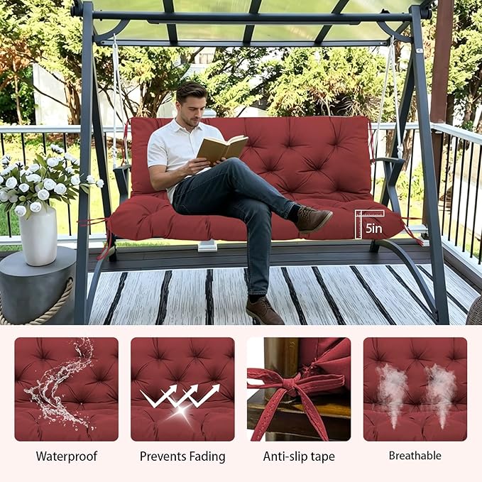 5" Thick Waterproof Porch Swing Cushion 70 x 40 in 3 Seater Replacement Outdoor Swing Cushions with Back Support Patio Swing Cushion for Outdoor Bench Furniture