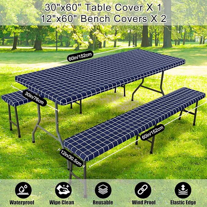 Smiry Picnic Table Cover with Bench Covers, Waterproof Elastic Fitted Tablecloth for 5 Foot Tables, Washable Polyester Tablecloths for Camping, Indoor & Outdoor (Navy & White, 30x60 Inch 3-pc Set)