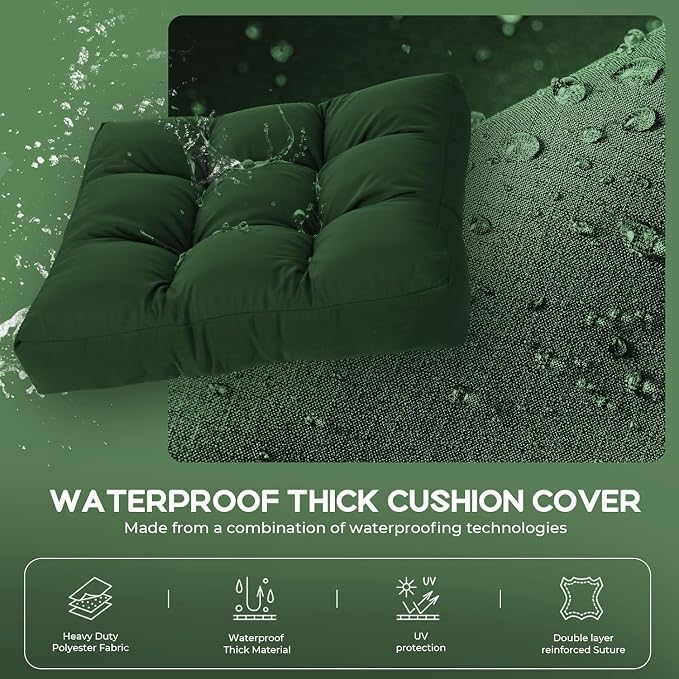 Waterproof Outdoor Chair Cushions Set of 2, Patio Cushions for Outdoor Furniture Water-Resistant & Fade-Resistant, Deep Seat & Back Cushion for Wicker Sofa, 22x22 Inch (Green)
