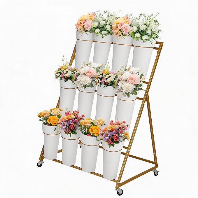 GarveeLife 3-Tier Metal Flower Display Stand with 12 Removable Round Buckets and Wheels, Mobile Flower Cart for Indoor Outdoor Patio Garden Wedding Flower Shop,Gold