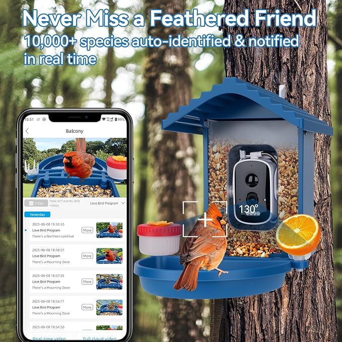 Bird Feeder with Camera Solar Powered,2.5K HD Video Bird House Live View,Smart AI Bird Species Identification for Outside Garden,Birds Bath,Ideal Gift for Birds Lover,Hummingbird (Blue) | Equipped with advanced night vision that captures clear footage ...