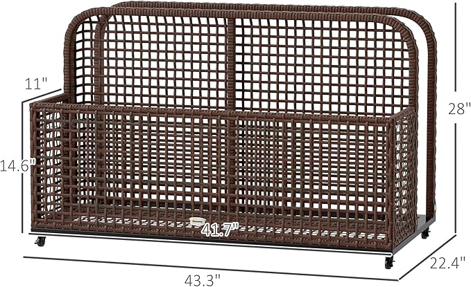 Outsunny Patio Wicker Pool Float Storage with Wheels, Outdoor Rolling PE Rattan Pool Caddy, Includes Compartment and Basket, for Pool, Garden, Deck, Brown