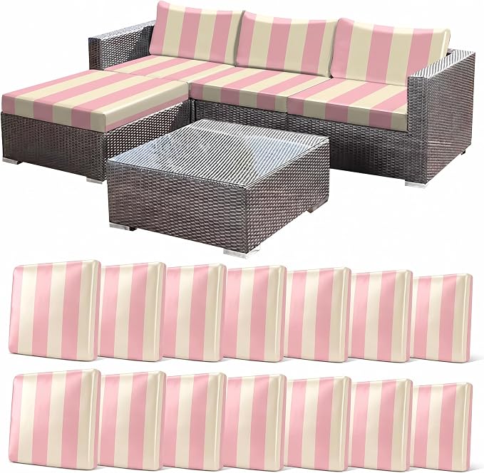 CALBODE 14 Pcs Stretch Outdoor Seat Cushion Covers, Washable Striped Chair Seat Cover for Patio Furniture Cushions Soft Indoor and Outdoor Couch Cover Replacement (Pink&Beige, Cover Only)
