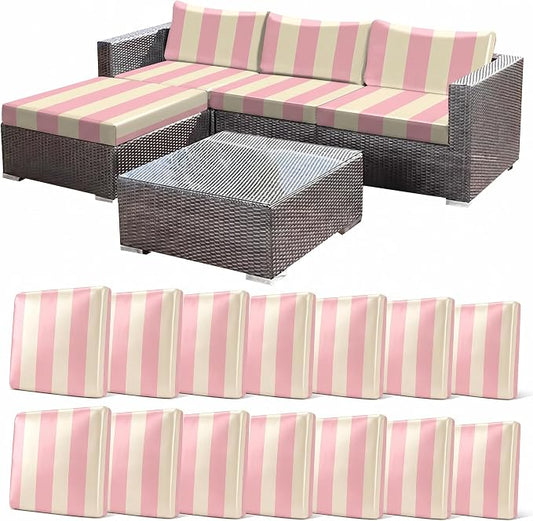 CALBODE 14 Pcs Stretch Outdoor Seat Cushion Covers, Washable Striped Chair Seat Cover for Patio Furniture Cushions Soft Indoor and Outdoor Couch Cover Replacement (Pink&Beige, Cover Only)