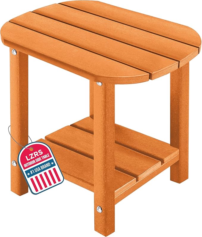 LZRS 2-Tier Patio Side Table, Heavy Duty HDPE Outdoor End Table with Wood Texture, Weatherproof Composite Table for Adirondack Chairs, Deck, Pool, Indoor/Outdoor, No Peeling Cracking(Orange)
