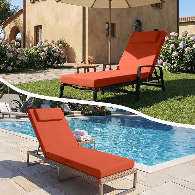 Outdoor Chaise Lounge Cushions, 72x21 Inch Olefin Water & Fade Resistant Pool Lounge Chair Cushions, Patio Sun Lounger Pad with Pillow & Straps for Patio, Pool, Deck, Lawn, Orange