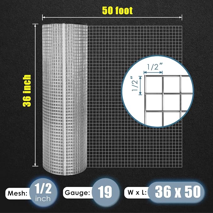GoldPeak Hardware Cloth 1/2 inch 36 inch x 50 Foot 19 Gauge, Hot-dip Galvanized After Welding, Wire Mesh Roll Chicken Wire Fence Roll Rabbit Wire Cloth Tree Guard Cage Wire