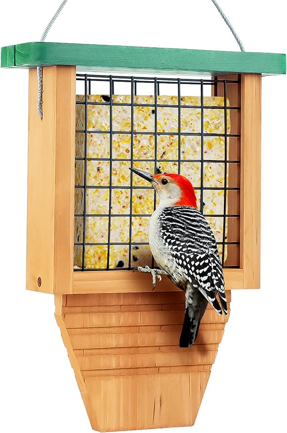 Gbekery Wooden Suet Bird Feeder for Outside Hanging, Woodpecker Suet Feeder with Tail Prop, Hanging Bird Feeder for Wild Birds, 1 Pack, Green