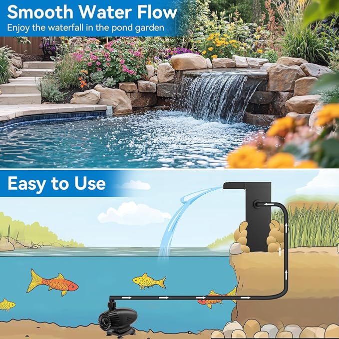 POPOSOAP 70W Pond Waterfall Spillway with Pond Pump, 304 Stainless Steel Waterfall Kit with 9.8FT Corrugated Tube Pond Waterfall Box, Pond Spillway for Outdoor Pond Waterfall Water Features-P5703H