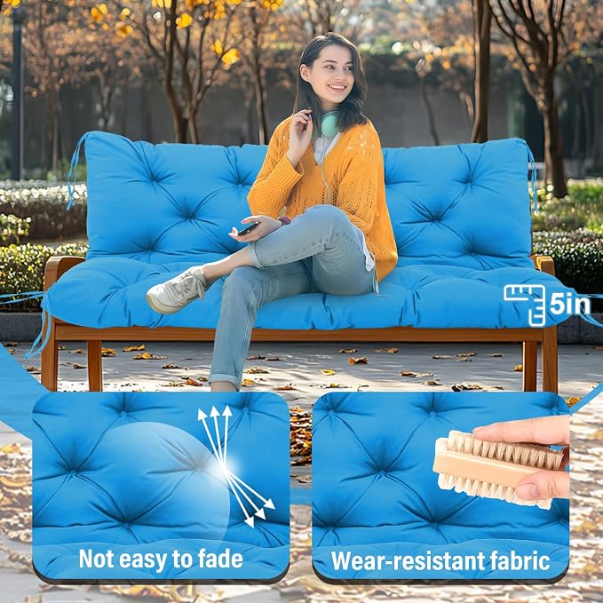 Outdoor Swing Cushions 3 Seater Waterproof Extra Thick 5 inch Porch Swing Cushions Outdoor 58 inch with Backrest & 8 Ties Not Easy to Fade Swing Cushion for Outdoor Furniture Patio Bench
