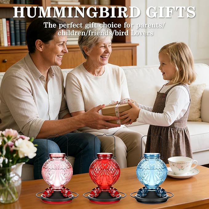 Glass Hummingbird Feeder for Outdoors Hanging, 20oz Bird Nectar Feeder with 4 Bee Guard Flower-Shaped Ports & Built-in Ant Moat, Easy to Clean, for Bird Lover,1 Pack, Blue