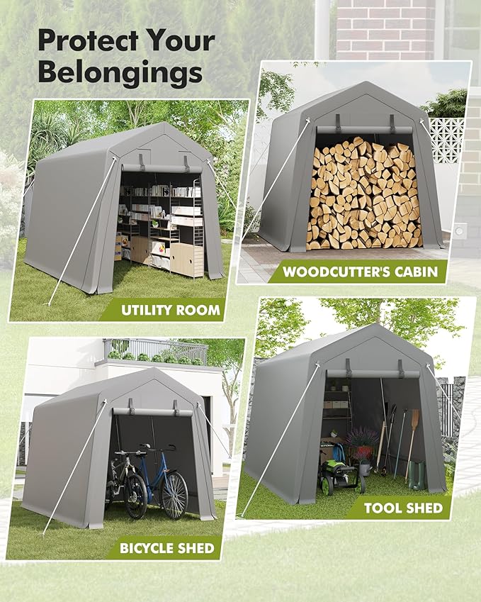 GarveeLife 7 x 10 ft Carport Storage Shed, Portable Garage with Roll-up Zipper Door, Heavy Duty Waterproof Tarp, Storage for Motorcycle, Bike, Firewood, Garden Tools