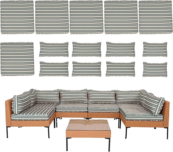 14 Piece Outdoor Patio Cushion Covers Replacement Waterproof with Zipper for 6-Seater Sectional Couch Chair Patio Furniture Conversation Sofa Seat Cushions Slipcovers Set, Only Cover