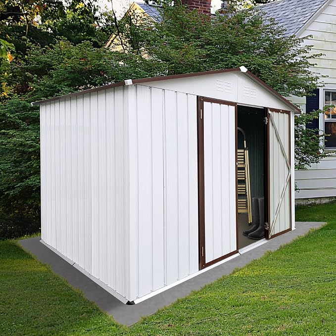 10x8 FT Garden Metal Sheds with Waterproof Roofs and Lockable Doors,Outdoor Storage Tool House W/Punched Vents,Backyard Office Shed,for Bike,Barbeque,White+Coffee