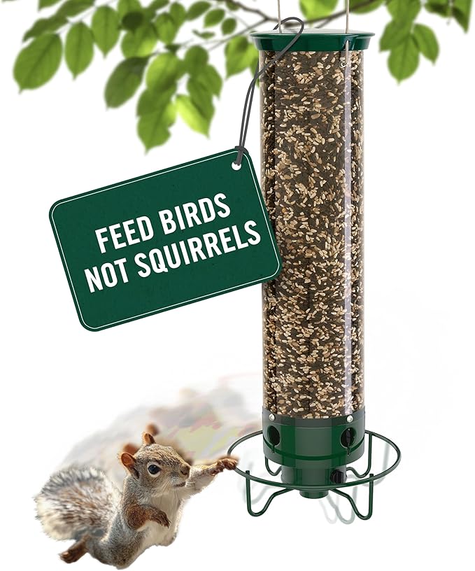 Droll Yankees Squirrel Proof Bird Feeder for Outdoors – Rechargeable Weight-Activated Rotating Perch, 5lb Seed Capacity, Metal Base, UV-Stabilized Seed Tube, Hanging Green Yankee Flipper, YF-M