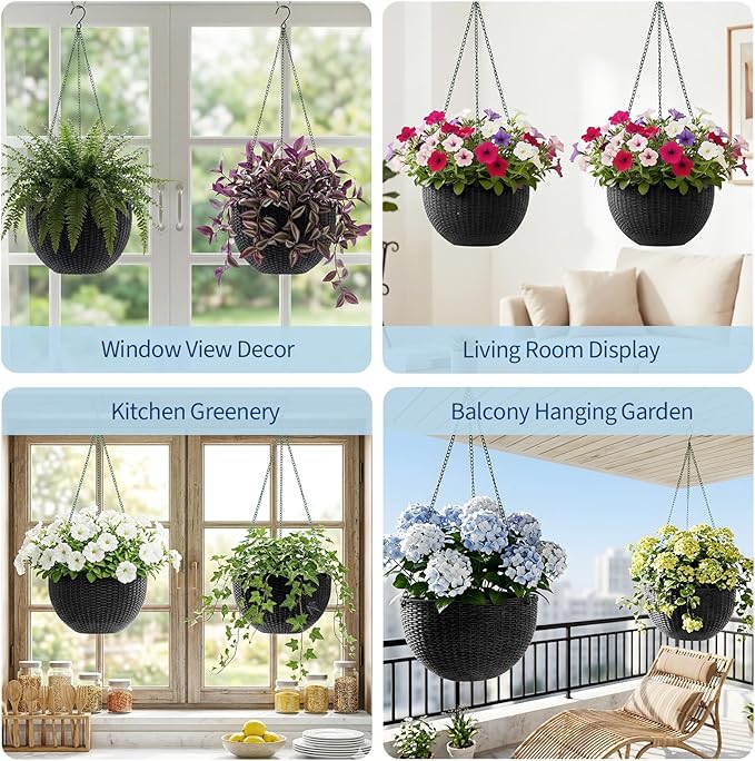 13.8 Inch Self Watering Hanging Planter, 2PCS Round Resin Hanging Basket for Indoor Outdoor Plants, Rattan Look Flower Pot with Drainage Plug, Deep Inner Pot and Sturdy Metal Triple-Chain Hanger