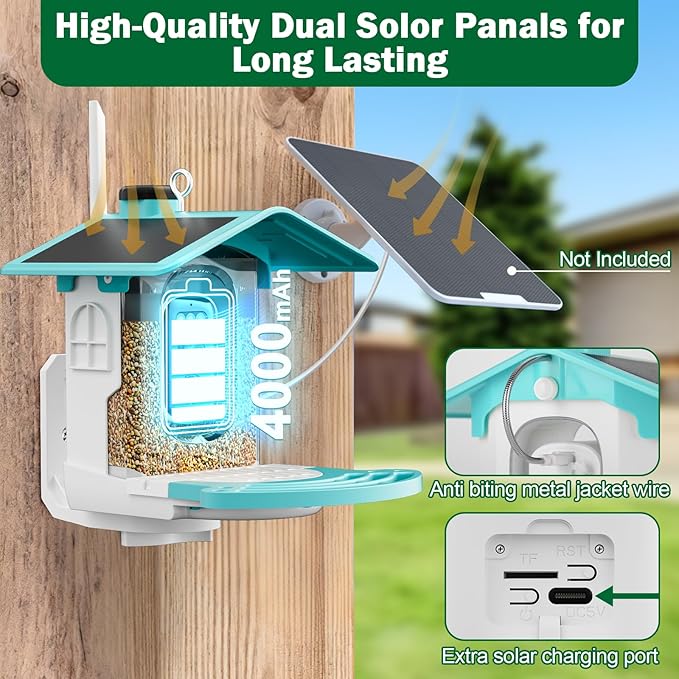 Smart Bird Feeder with Camera Solar Powered - AI Bird Identification, 2K HD Video Live Stream Camera, 3MP Photos, 2.9in Focus, Gifts for Mom Dad Birdlovers, Blue
