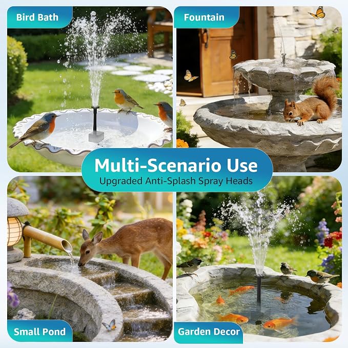 Solar Fountain Pump for Bird Bath, 2.5W Solar Water Pump with Dry-Run Protection, 5 Spray Modes & 4ft Hose, Adjustable Ground Stake for Garden Small Pond Fish Tank DIY Water Feature