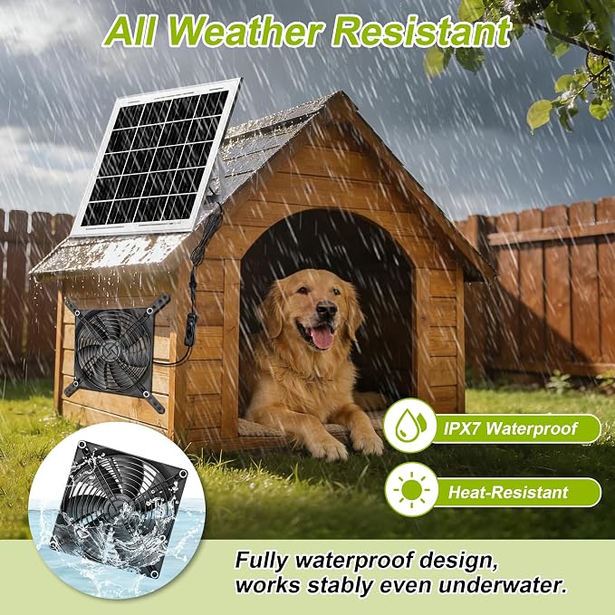 7.1" Solar Powered Exhaust Fan, 16.5 ft Cord + 25W Solar Panel Greenhouse Ventilation Fan, 3800RPM IPX7 Waterproof Solar Vent Fan for Chicken Coop, Shed, Dog House, Outdoor Intake & Exhaust