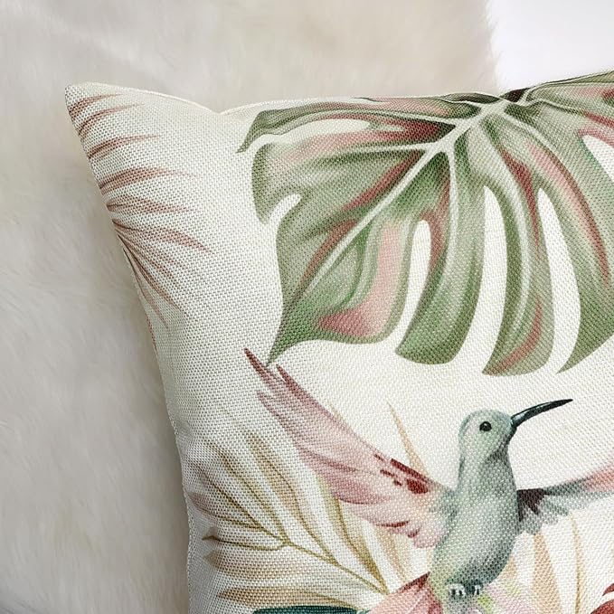 Bonhause Tropical Leaves Throw Pillow Covers 18 x 18 Inch Watercolor Leaf Bird Polyester Linen Decorative Pillow Cases for Couch Sofa Bed Home Garden Outdoor Decor Set of 4