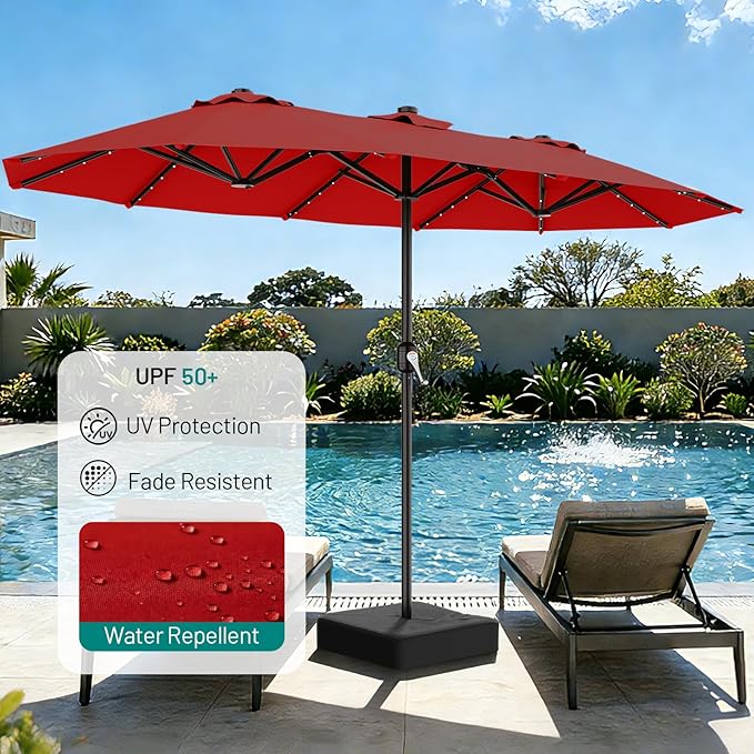 AreShark 13 FT Patio Umbrella with Solar Lights, Double-Sided Outdoor Table Umbrellas with Crank, Large Rectangular Market Umbrella for Porch, Lawn, Pool, Backyard, Red